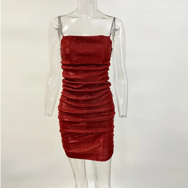 Vestido de fiesta brillante para mujer, con tirantes de diamantes de imitación, plisado, sexy, ajustado, minivestido elegante para mujer, sin mangas, vestidos de noche
