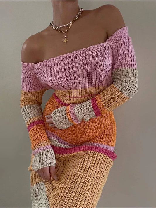 Striped Knitted Autumn Dress 2025 Women Sexy Long Sleeve Bodycon Maxi Dresses Femme Y2K Holiday Beach Party Vestidos