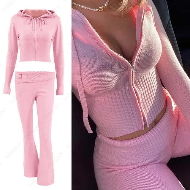 Conjunto de sudadera con capucha y cremallera informal para mujer, conjunto de pantalones acampanados de cintura alta, traje de punto rosa, conjunto de dos piezas Y2k para mujer