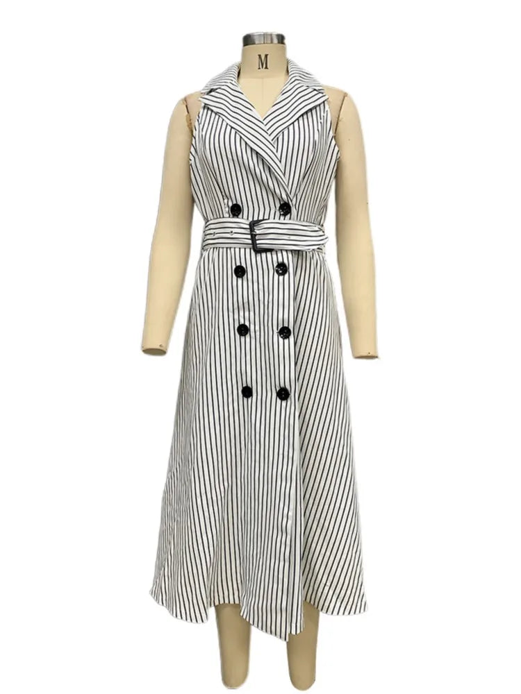 Vestido de mujer con cuello de traje sin mangas y rayas de temperamento, vestido de corte A con cinturón y doble botonadura, vestido de moda para desplazamientos diarios, nuevo para mujer