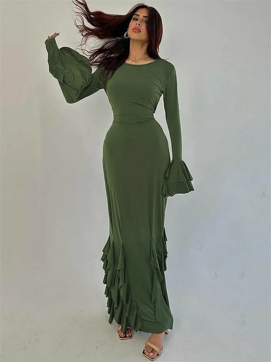 Bandage Ruffled Slim Maxi Dress Women’s Elegant Patchwork Lace-Up Solid Bodycon Dress Female Autumn Long Dress Ladies