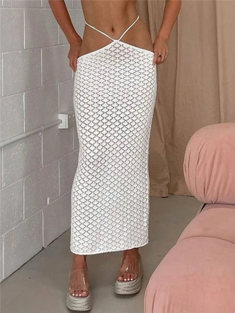 Beach See Through Long Skirts For Women Low Waist White Knitted Pencil Skirt Buttom Female Summer Fashion Party Clubwear