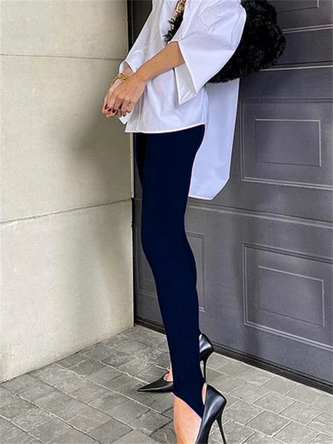 Beige Ribbed Knit Leggings Women High Waist Cotton Fitness Basic Pants Casual Spring New All-Match Female Skinny Leggings