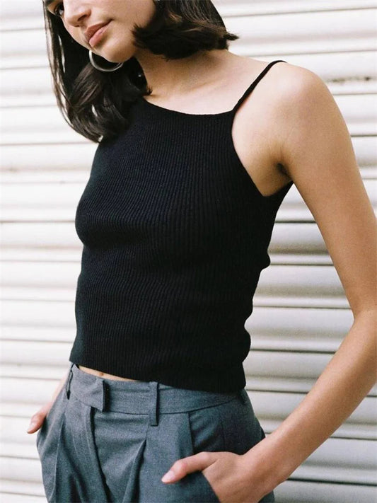 Camiseta negra de moda acanalada para mujer, jersey de espagueti, informal, de retazos, sin mangas, verano 2025, top ajustado para mujer