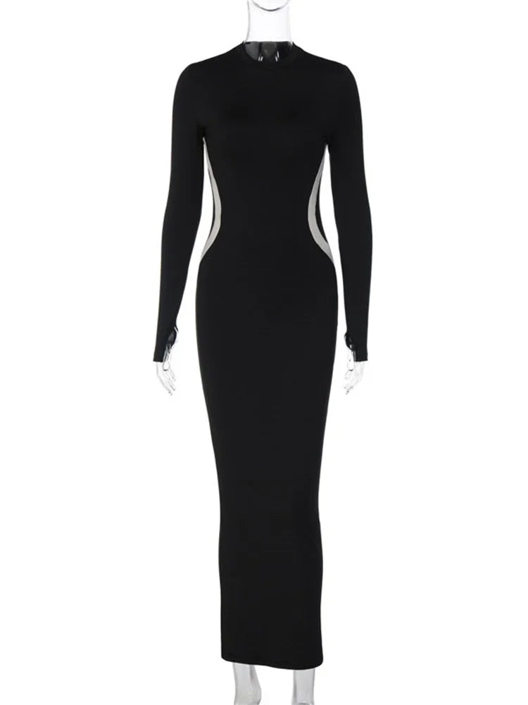 Vestido negro ajustado de patchwork para mujer, manga larga, moda, contraste, ajustado, elegante, para fiesta, informal, maxi, para mujer
