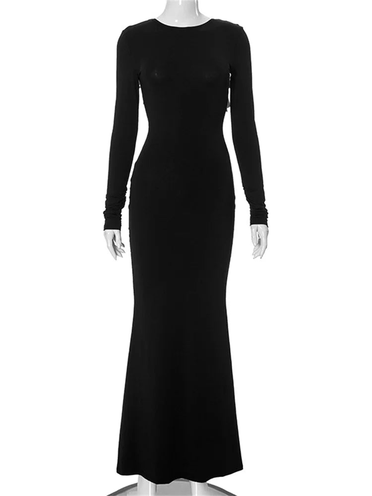 Vestido largo negro con lazo y espalda descubierta para mujer, moda de cintura alta, elegante vestido de fiesta de lujo, vestido maxi femenino de otoño