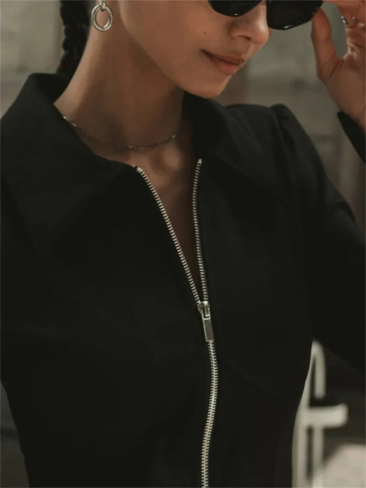 Black Zipper Lapel Maxi Dress For Women Cardigan Fashion Patchwork Vintage Slim High Waist Elegant Streetwear Women Dress