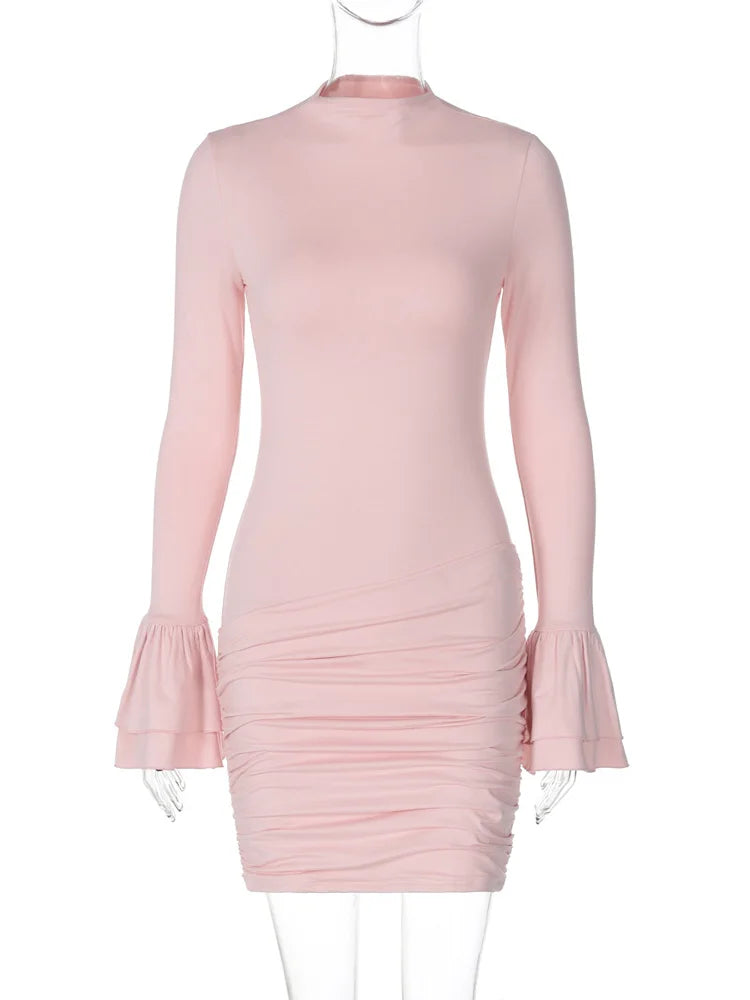 Casual Pleated High Waist Mini Dress Female Ruffled Patchwork Slim Elegant Commute Long Sleeve Dress Women’s Sexy Dress