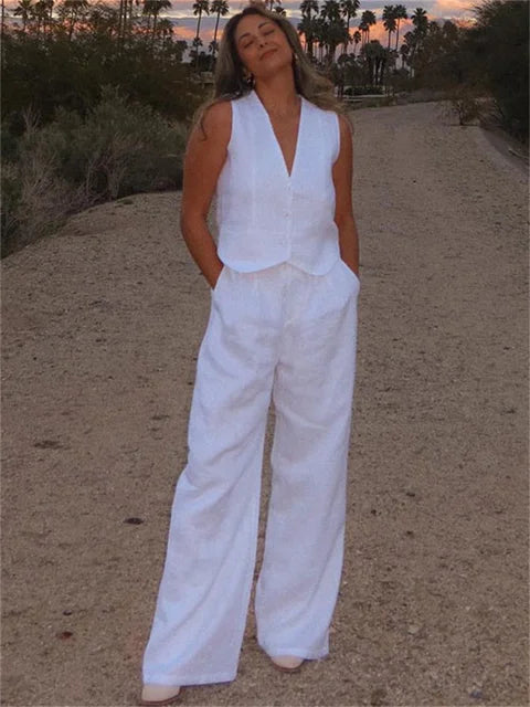 Casual Women 2 Piece-Set Straight Legg And Sleeveless Top Vestidos Sets Slim V-Neck Summer Pocket Fashion Trousers Sets