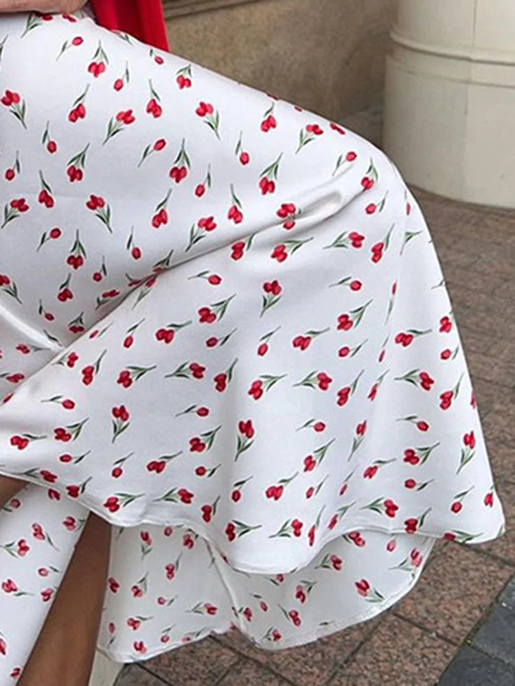 Falda con estampado de cerezas para mujer, primavera 2025, cintura alta, en forma de A, faldas de cola de pez, elegante, de moda, con retazos, falda larga suelta, nueva
