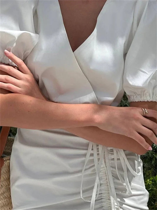 Drawstring V-Neck Sexy Mini Dress Female Ruffled Short Sleeve Patchwork Lace-Up White Dress Women’s Bandage Party Dress