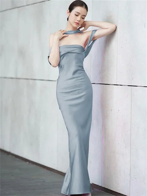 Elegante vestido largo sin espalda para mujer, ajustado, a la moda, con hombros descubiertos, vestido de fiesta de noche con cremallera, vestido de fiesta liso 2025