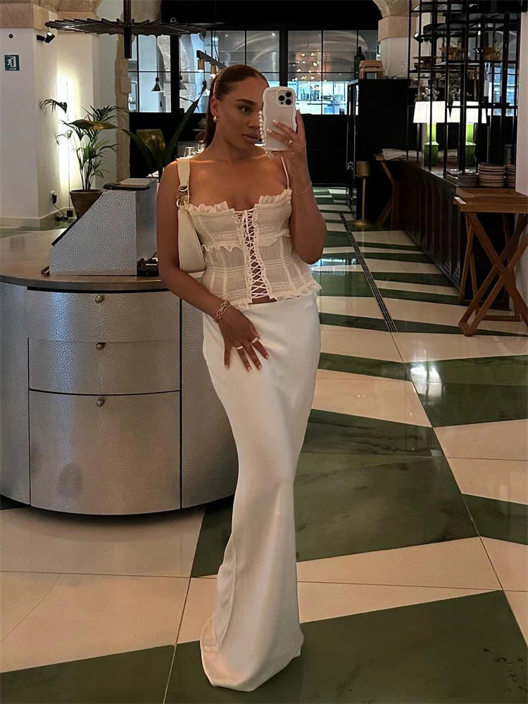 Elegant Casual Long Skirt Patchwork For Women Slim Party Gown Skirt Summer 2025 New High Waist Outfits White Y2k Skirt