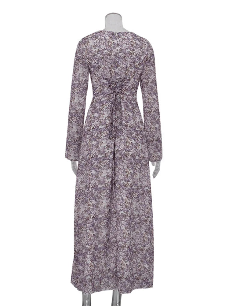 Elegante vestido largo estampado de moda para mujer, con cordones, manga larga, vestido de fiesta, cintura alta, vendaje, vestido ajustado para mujer, nuevo
