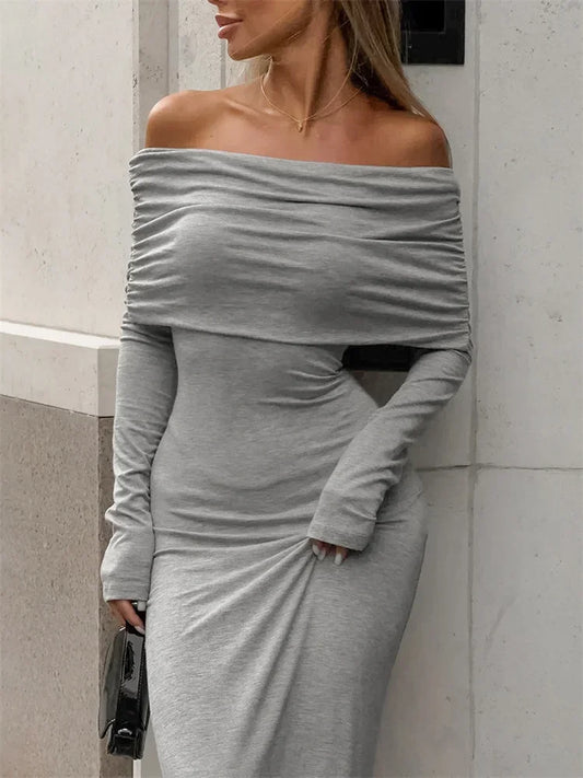 Fashion Autumn Knit Long Dress Women’s Off-Shoulder Patchwork Ribbed High Waist Slim Ladies Dress Knitwear Elegant Dress