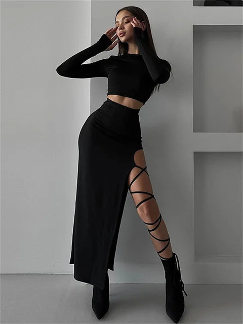 Fashion Bandage Hollow Out 2 Piece-Set Women Sexy Crop top And Long Skirt Sets High Split Black Patchwork Female Outfits