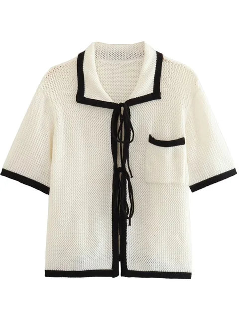 Conjunto de dos piezas de punto en contraste para mujer: cárdigan de manga corta con cordones y falda larga, prendas de punto de cintura alta.
