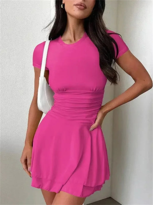 Vestido mini con volantes y pliegues para mujer, de moda, de verano, nuevo, de color liso, de manga corta, para fiestas, sexy, ajustado.