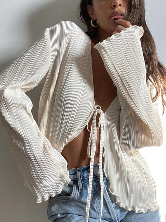 Blusa francesa de moda con pliegues y cuello en V para mujer, cárdigan de manga larga, sexy, ajustada, con volantes, ropa de calle informal de verano 2025