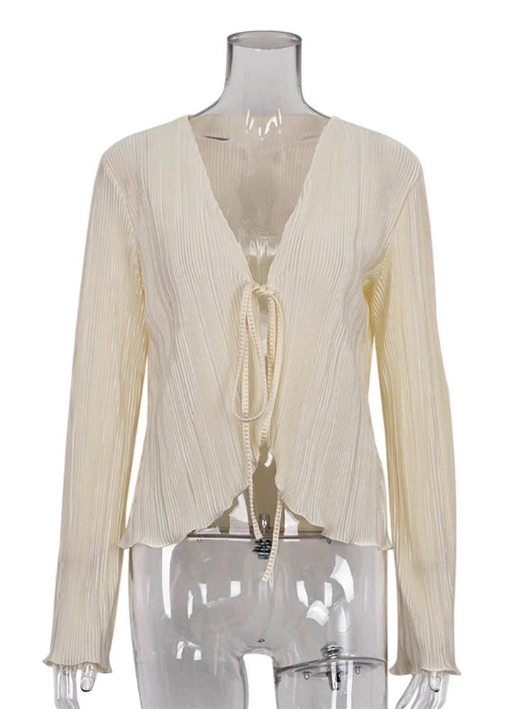 Blusa francesa de moda con pliegues y cuello en V para mujer, cárdigan de manga larga, sexy, ajustada, con volantes, ropa de calle informal de verano 2025