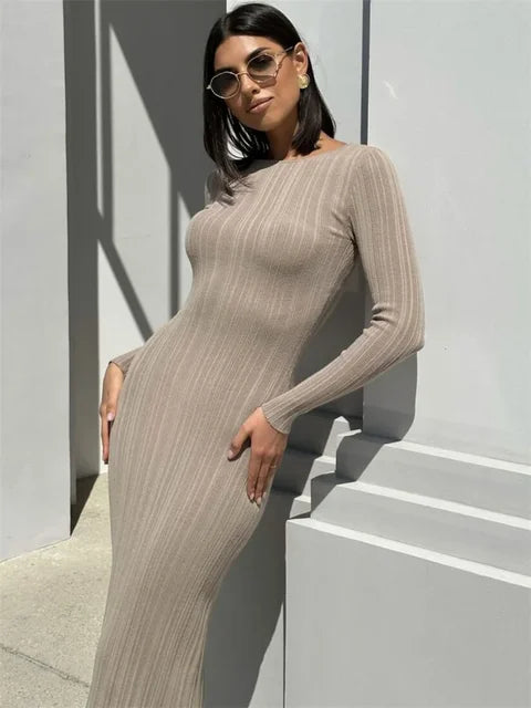 Fashion Knit Ribbed Maxi Dress Ladies High Waist Long Sleeve Patchwork Elegant Slim Party Dress Autumn 2025 Knitwear Dress