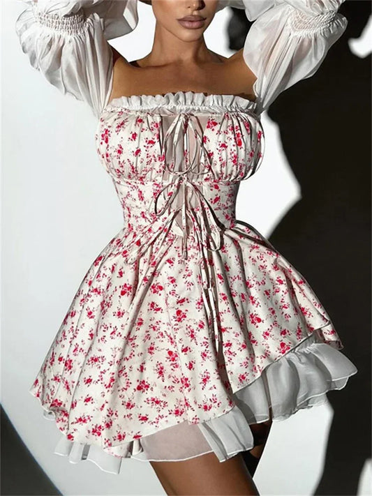 Vestido mini con hombros descubiertos y estampado de moda para mujer, con volantes, transparente, de manga larga, estilo vendaje y patchwork, ropa femenina nueva