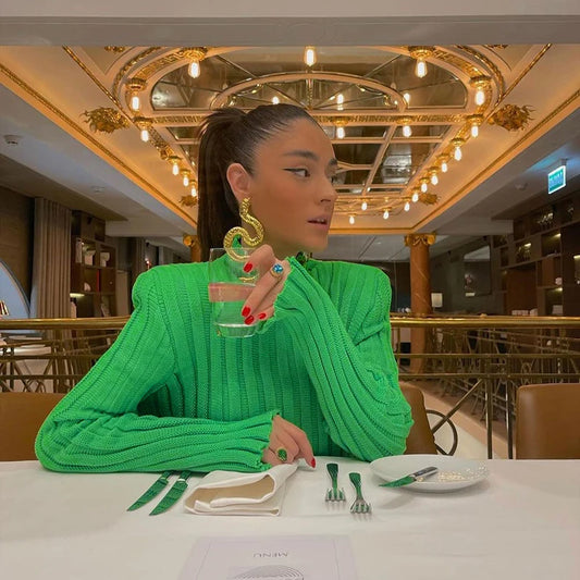 Suéter de cuello alto acanalado para mujer, jersey de punto de manga larga verde, tops de punto para mujer, otoño invierno 2025