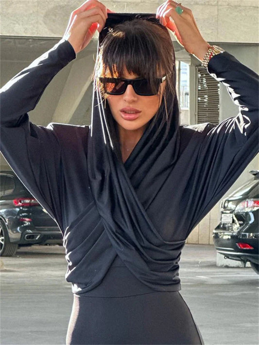 Fashion Satin Hoodie Y2k Top For Women Long Sleeve Bandage Patchwork Solid Sexy Vintage Cropped Top Ladies Crop top Tee