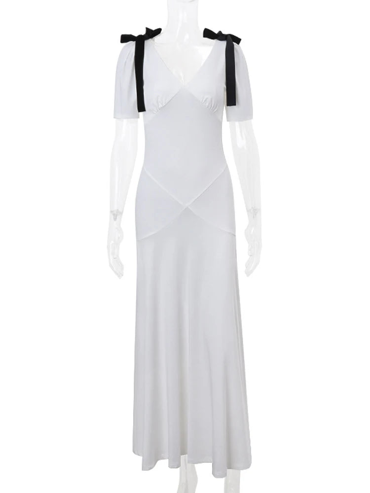Vestido largo con lazo y cordones para mujer, elegante, ajustado, de fiesta, con cintura alta y manga corta.