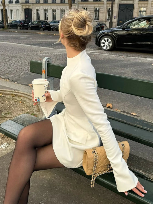 Vestido mini elegante de otoño para mujer, vestido mini informal liso de manga larga con bolsillos y retazos para mujer