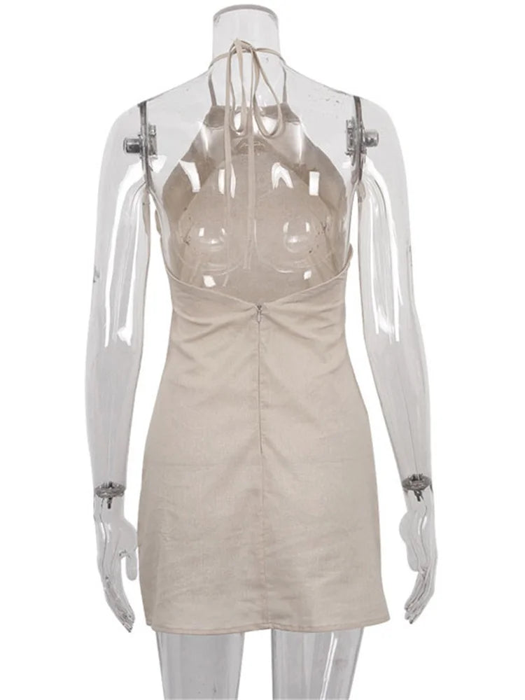 Female Backless Mini Dress Lace-Up Solid Basic Hanging neck Patchwork Casual Off-Shoulder Dress Sexy Fashion Women Dress