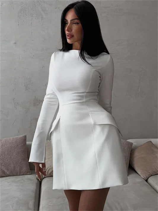 Vestido blanco elegante para mujer, sexy, de retazos, de manga larga, informal, con cremallera, minivestido de otoño, nuevo