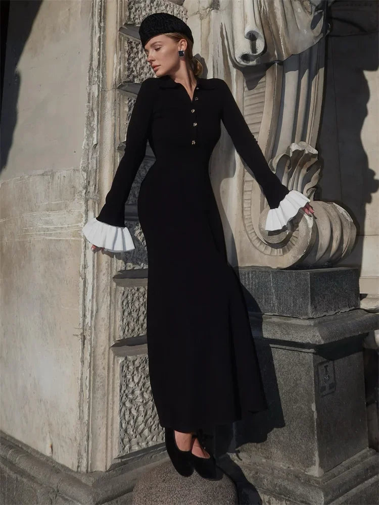 Female Ruffled Knitwear Long Dress Fashion Patchwork Slim Contrast Lapel Casual Party Dress Gown Women’s Knit Maxi Dress