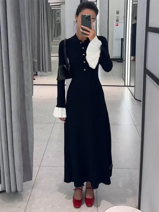 Female Ruffled Knitwear Long Dress Fashion Patchwork Slim Contrast Lapel Casual Party Dress Gown Women’s Knit Maxi Dress