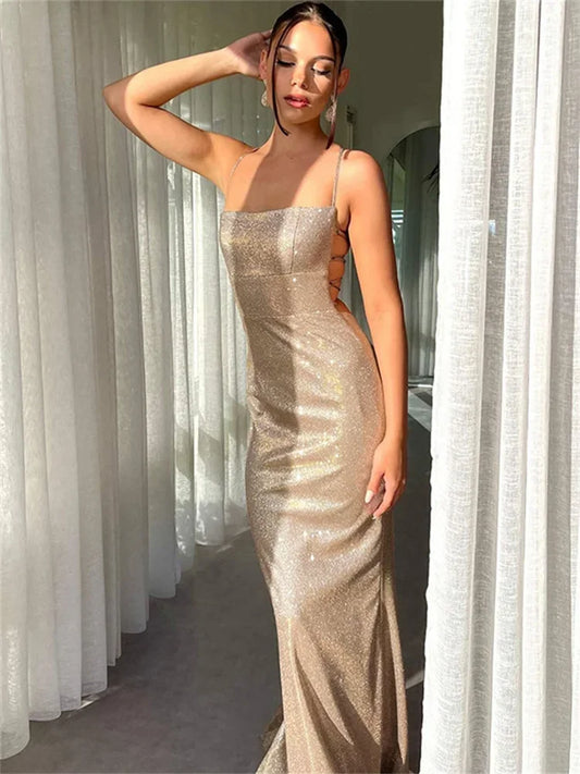 Glitter Backless Fashion Long Dress Women’s Bandage Sexy Autumn Slim Sparkle Lace-Up Dress Ladies Party Dress Solid