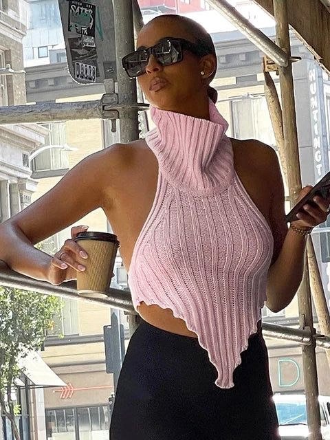 Tops de tubo de punto con cuello halter para mujer, chaleco de punto de estambre sin espalda de verano, cuello alto para mujer, camisetas sin mangas de calle, ropa de club corta