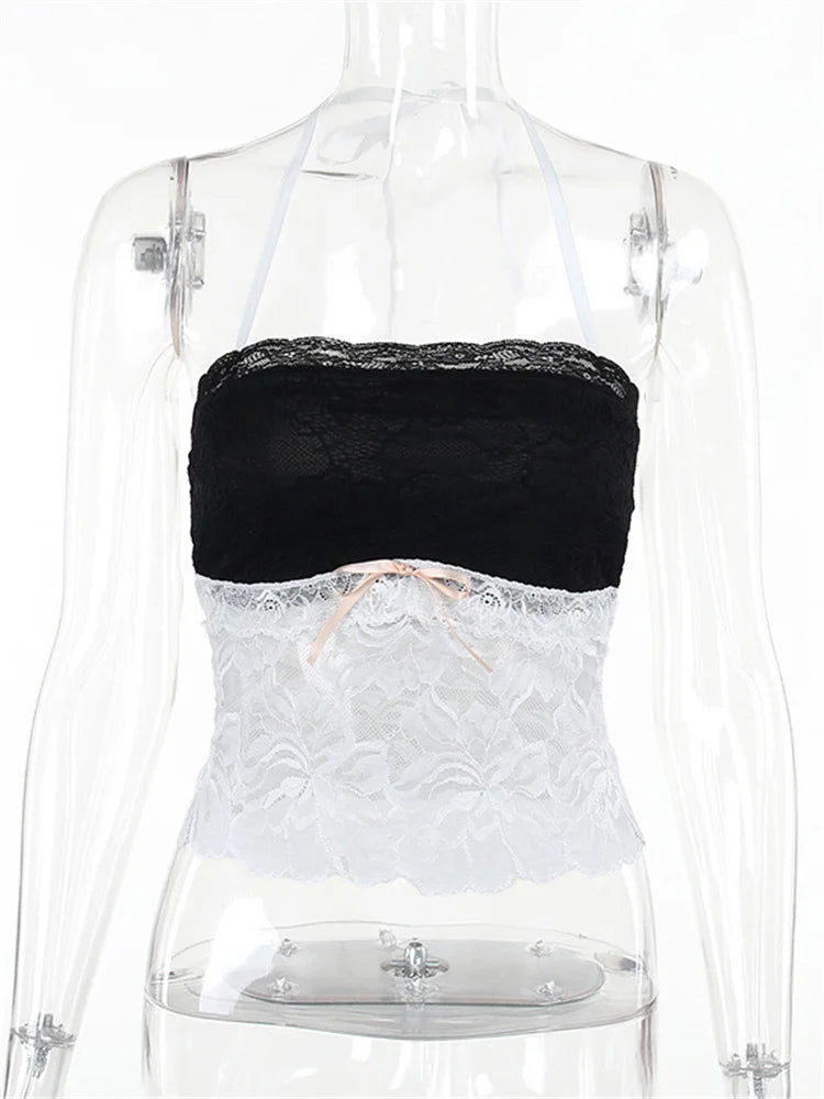 Halter Lace See-Through Crop Top Ruffled Contrast Tank Top – Y2K Fashion Patchwork Strapless Sexy Contrast Cropped Top