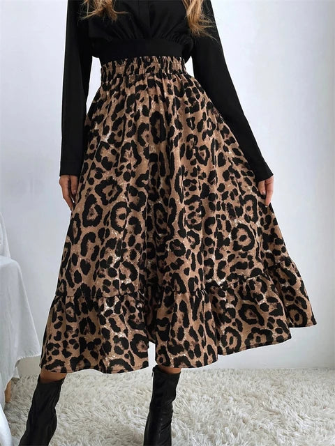 Falda midi de leopardo de cintura alta para mujer, falda larga de tul con estampado bohemio informal para mujer, falda de gasa de corte A para otoño 2025.