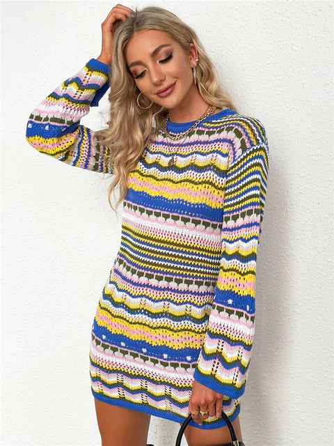 Vestido playero de crochet para mujer, sexy, bohemio, de manga larga, informal, con aberturas, para fiesta y otoño