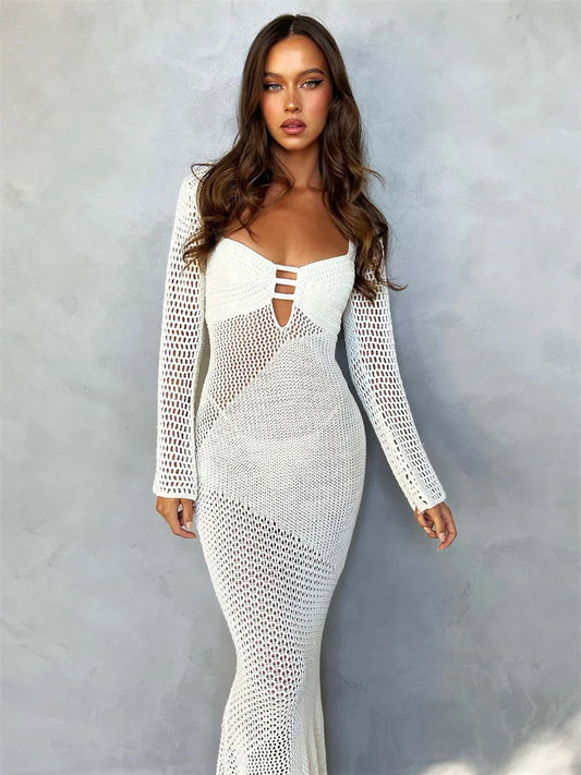 Hollow Out Knit See-Through Maxi Dress Female Patchwork Backless Lace-Up Slim Fashion Beach Holiday Knitwear Women Dress