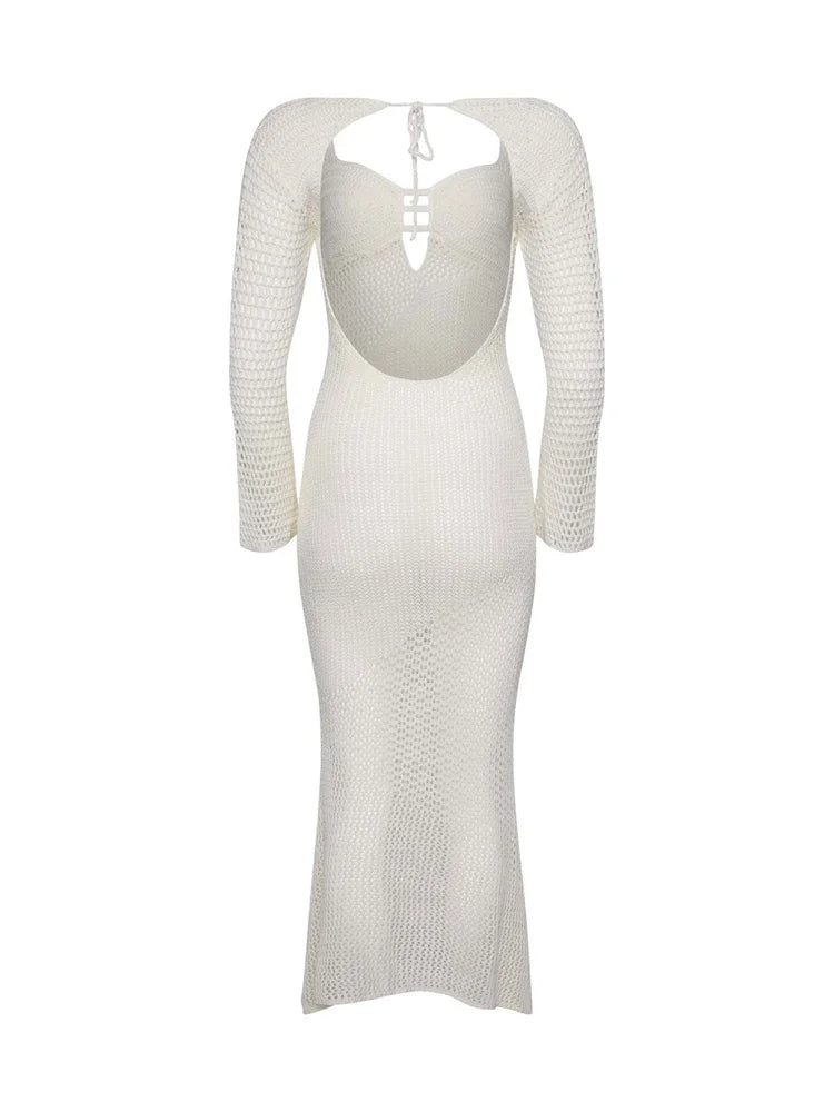 Hollow Out Knit See-Through Maxi Dress Female Patchwork Backless Lace-Up Slim Fashion Beach Holiday Knitwear Women Dress