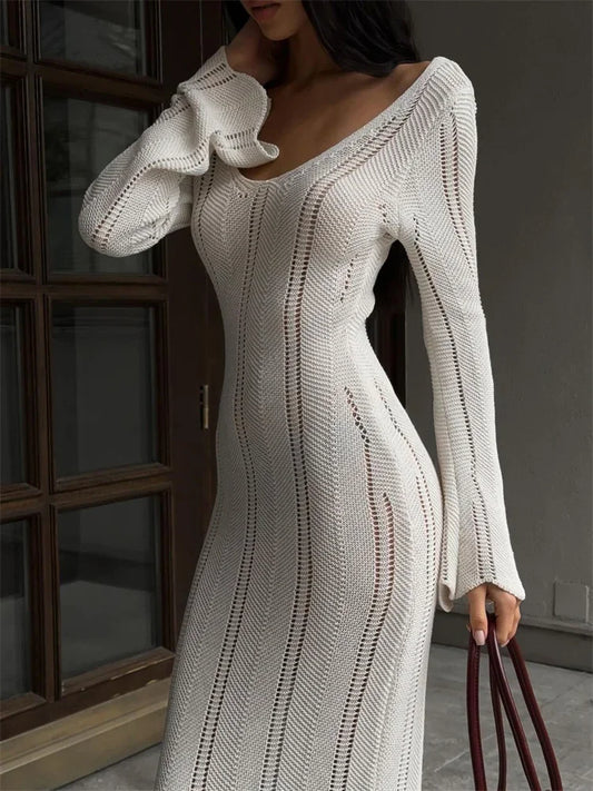 Hollow Out Knitwear Backless Long Dress Women’s Slim High Waist Skinny Autumn Elegant Party Dress Female Knit Dress