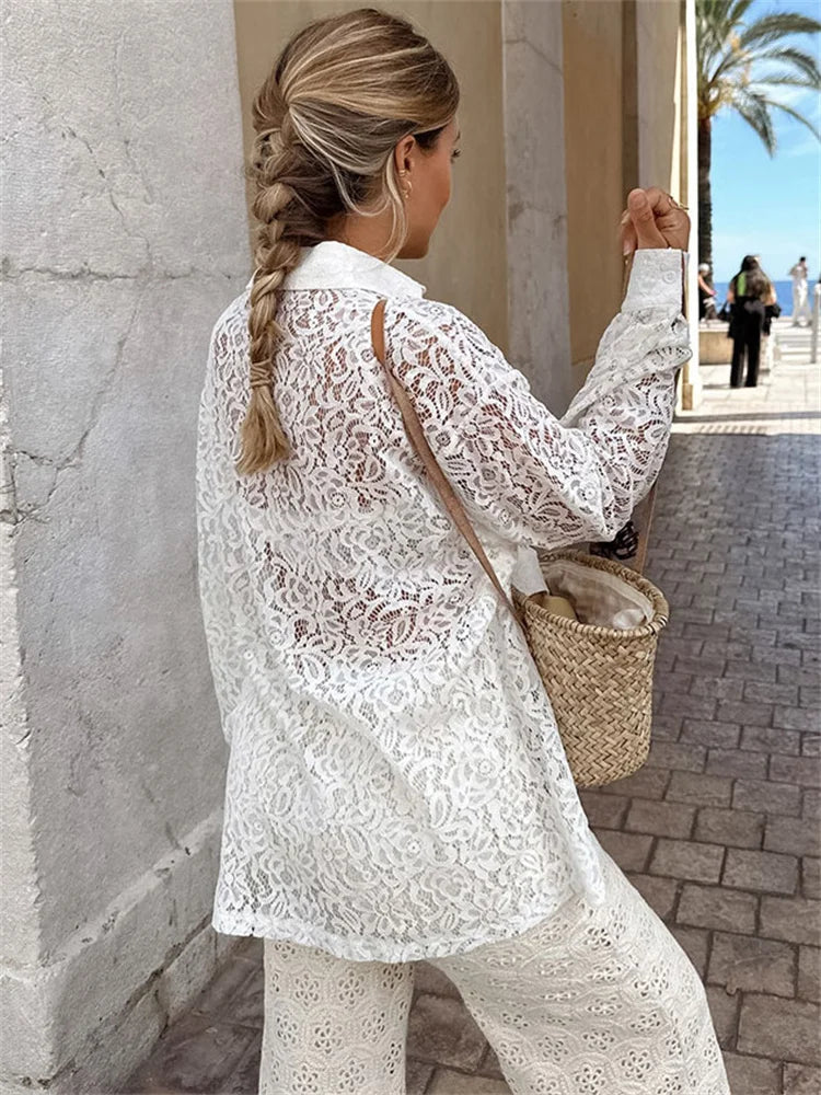 Hollow Out Printed Loose Shirts For Women Fashion Patchwork Lace See-Through Summer Top Long Sleeve Female Casual Blouse