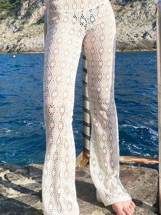 Hollow Out White High Waist Women’s Pants Printed Sexy See-Through Beach Holiday Straight Trousers Fashion Y2k Pants 2025