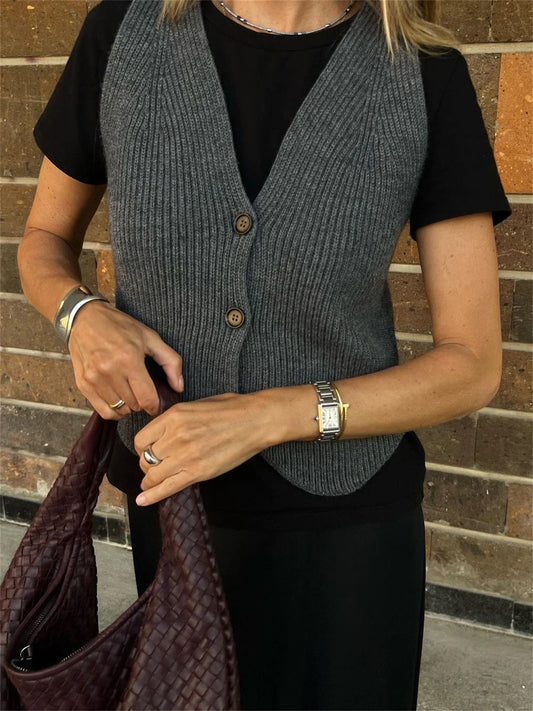 Cárdigan informal de punto acanalado para mujer, liso, ajustado, con cuello en V, sin mangas, de cintura alta, ropa de abrigo, suéter de punto holgado para mujer