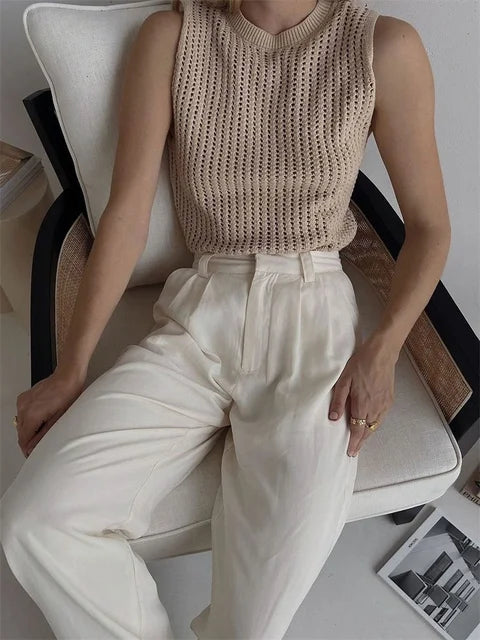 Camiseta de tirantes sexy de punto calado para mujer, sin mangas, de punto de calle, estilo Y2k, para vacaciones