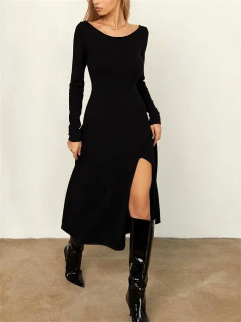 Knit Off-Shoulder Slim Maxi Dress For Women Elegant Side Split Scoop Neck Knitwear Dress Outfits Long Sleeve Female Dress