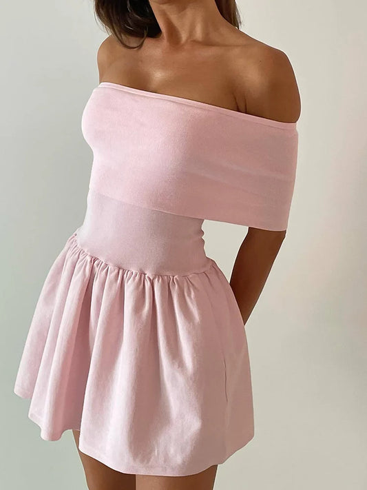 Vestido mini de punto con hombros descubiertos, patchwork, borde con volantes, cuello oblicuo, liso, para playa, vacaciones, princesa, vestido de verano para mujer