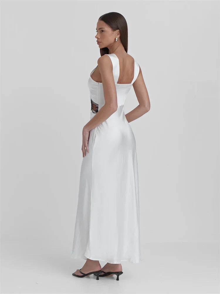 Vestido largo de encaje sin espalda y calado para mujer, vestido de fiesta elegante de cintura alta con estampado de patchwork y cintura alta, vestido largo para mujer
