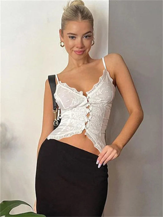 Camisola informal de encaje para mujer, top Y2k con cuello en V y cintura alta, ropa de calle blanca sin espalda, con parches transparentes, camiseta sin mangas para mujer